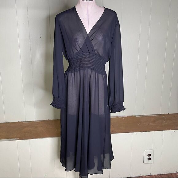 Vintage Samuel Blue Sheer Faux Wrap Smocked‎ Dress 12 - Picture 1 of 7